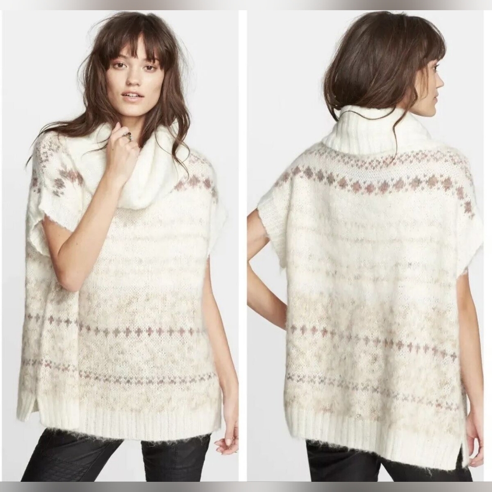 Free People Snow Bunny Ivory Fair Isle Turtleneck Sweater Vest Alpaca Wool XS